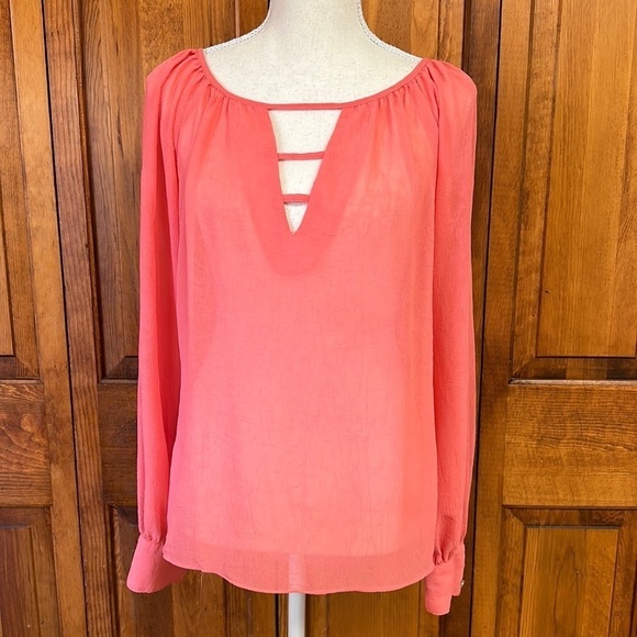 Very J Deep Peach Semi-Sheer Rounded V-Neck High-Low Long-sleeved Dress Blouse L - Picture 1 of 11